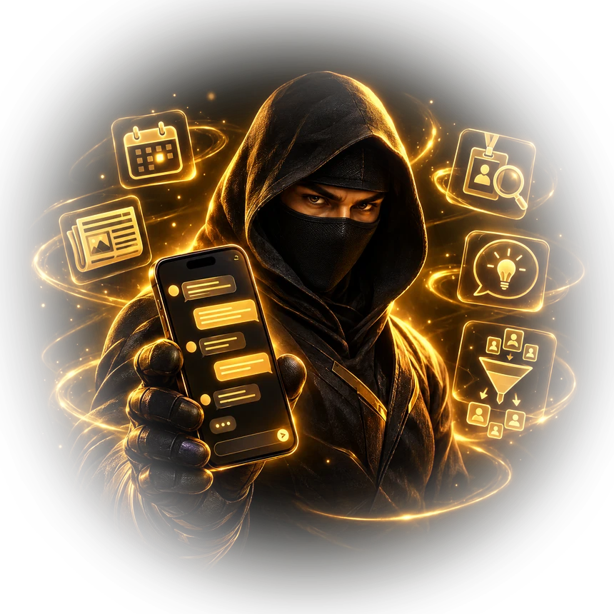 Ninja w kapturze trzyma telefon z otwartym czatem, wokół złote ikony kalendarza, gazety, identyfikatora konferencyjnego z lupą, dymka z żarówką i lejka sprzedaży